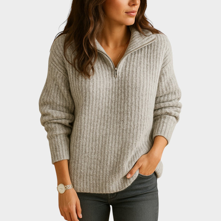 Women's Knit Quarter Zip Sweater Textured Ribbed Long Sleeves