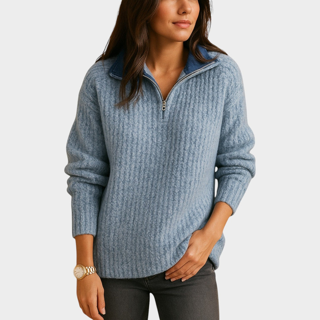 Women's Knit Quarter Zip Sweater Textured Ribbed Long Sleeves