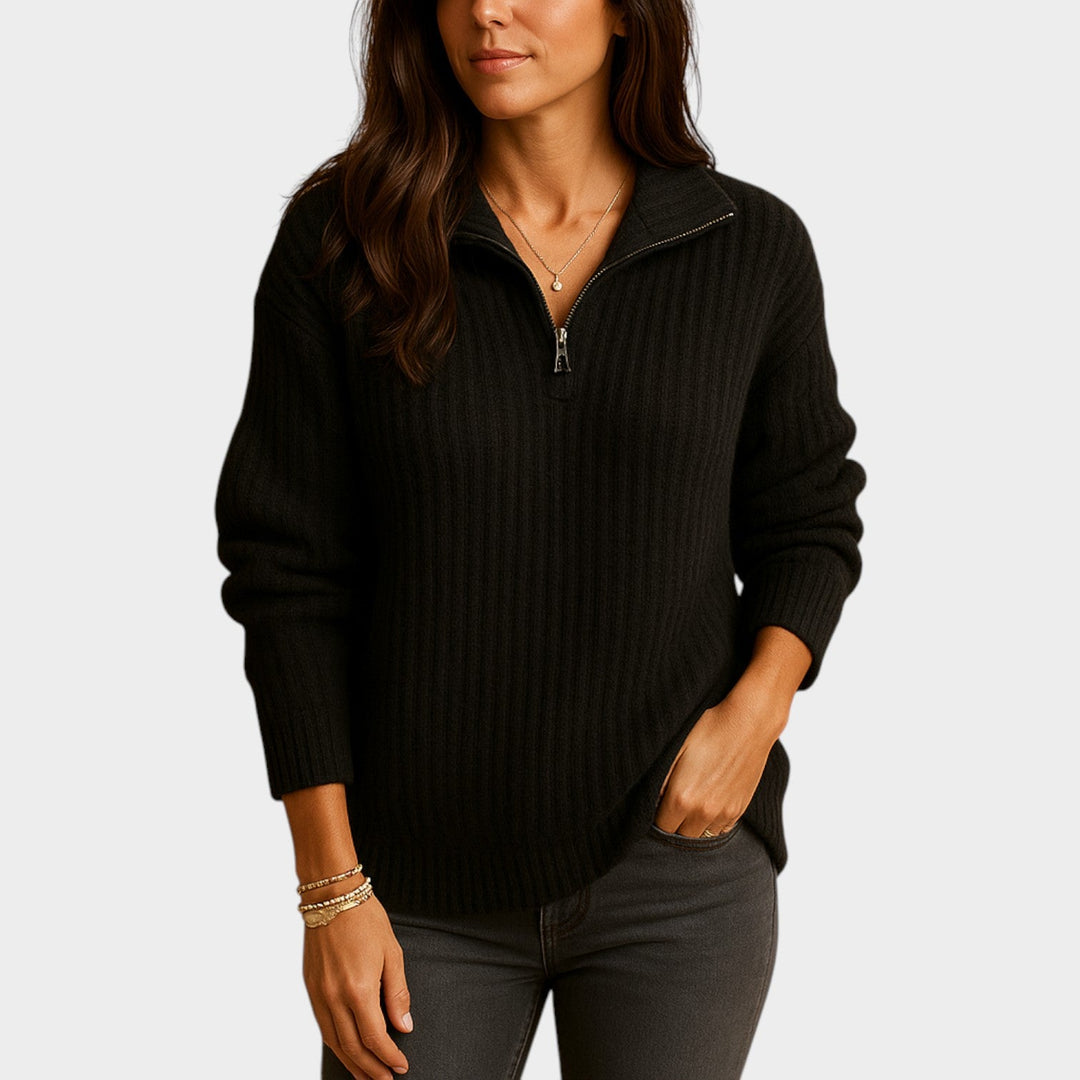 Women's Knit Quarter Zip Sweater Textured Ribbed Long Sleeves