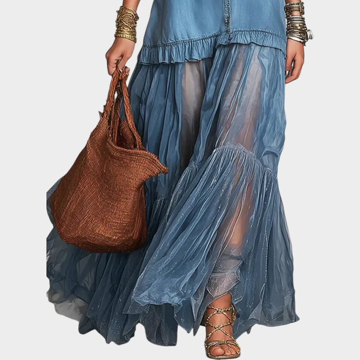 Boho Denim & Sheer Maxi Dress