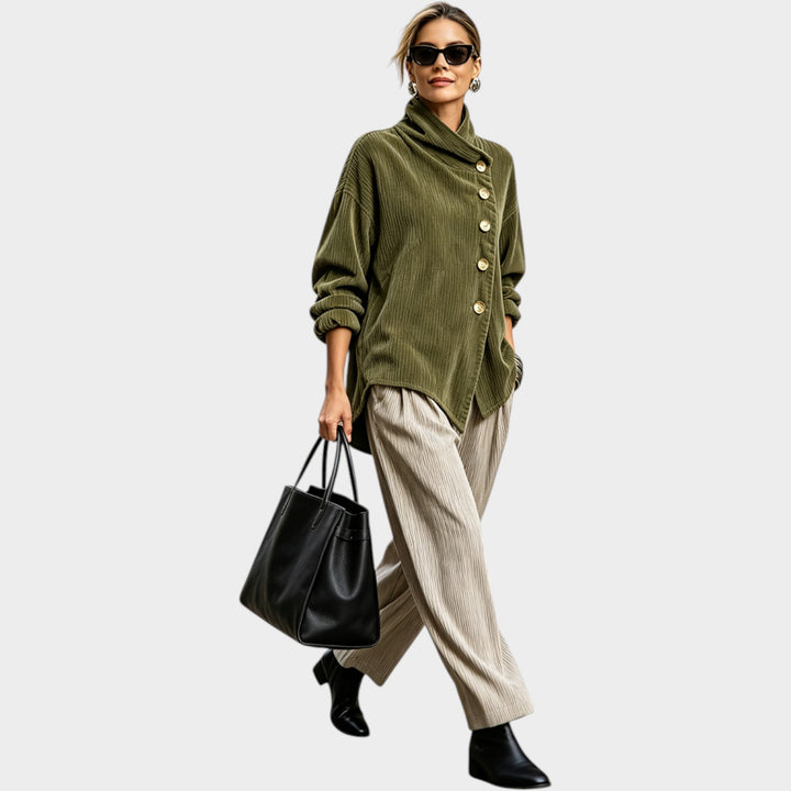 Women’s Corduroy Jacket Cowl Neck Button Front Asymmetric Hem