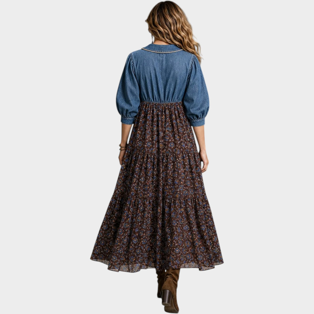 Women’s Maxi Dress Denim Floral Print Tiered Button Front