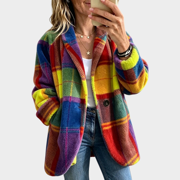 Women’s Plaid Coat Button Front Pockets Long Sleeve
