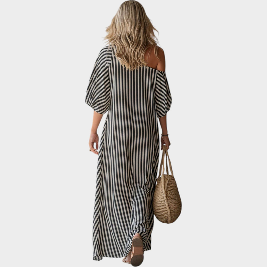 Off‑Shoulder Striped Maxi Dress