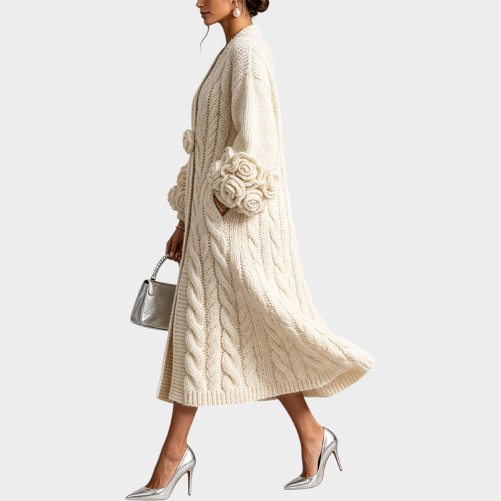 Women’s Long Cardigan Cable Knit Floral Appliqué Open Front
