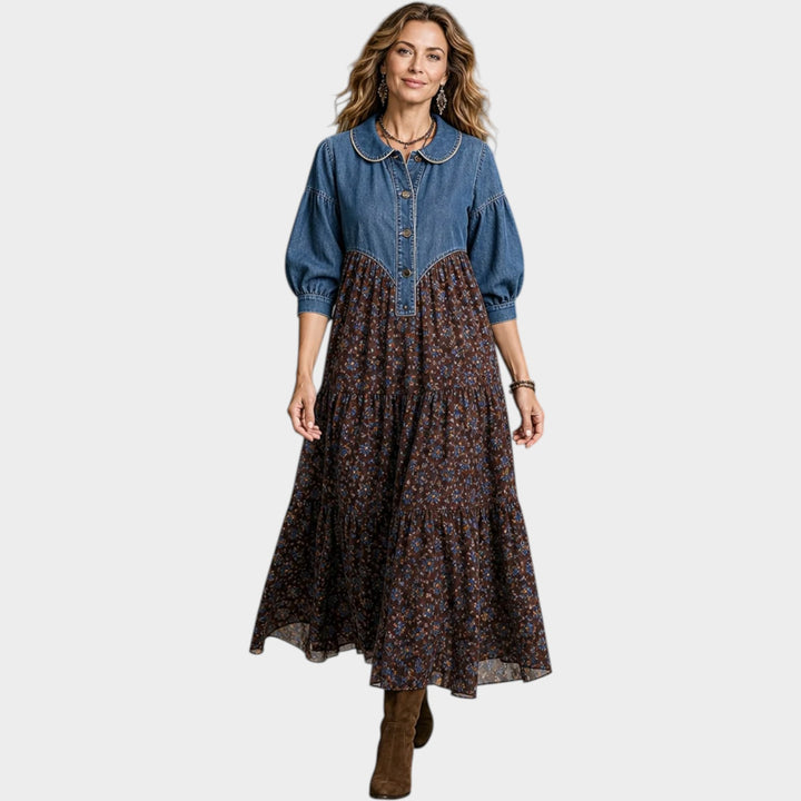 Women’s Maxi Dress Denim Floral Print Tiered Button Front