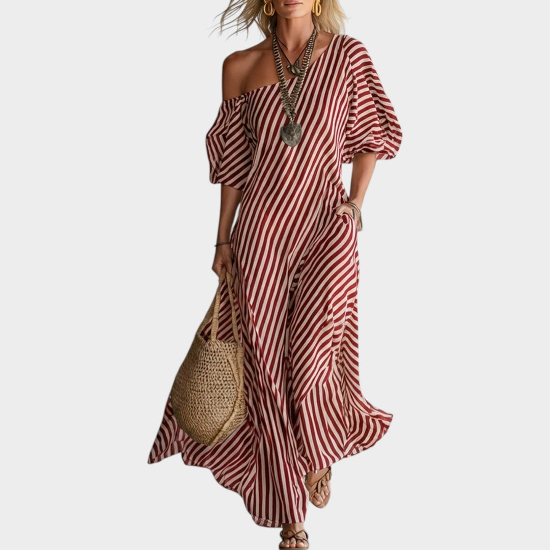 Off‑Shoulder Striped Maxi Dress