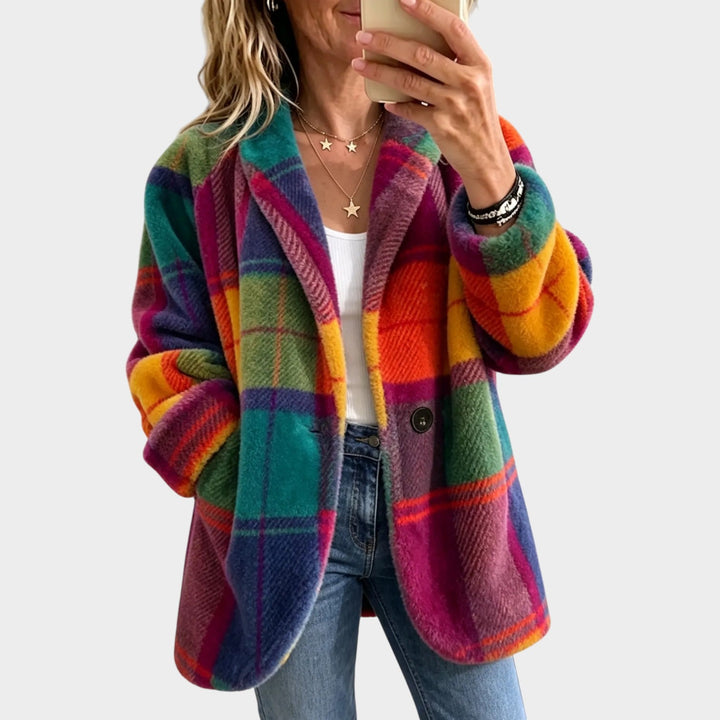 Women’s Plaid Coat Button Front Pockets Long Sleeve