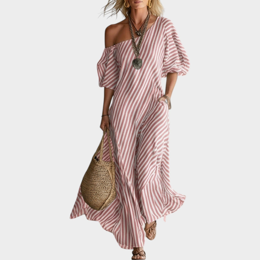 Off‑Shoulder Striped Maxi Dress