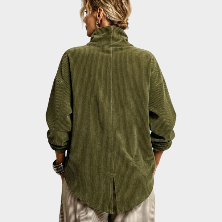 Women’s Corduroy Jacket Cowl Neck Button Front Asymmetric Hem