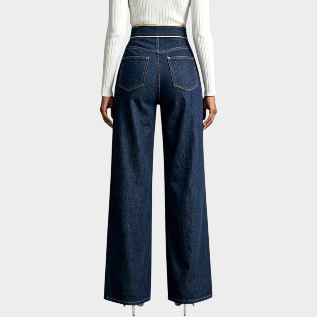Women’s Wide Leg Jeans High Waist Buckle Detail Side Slit