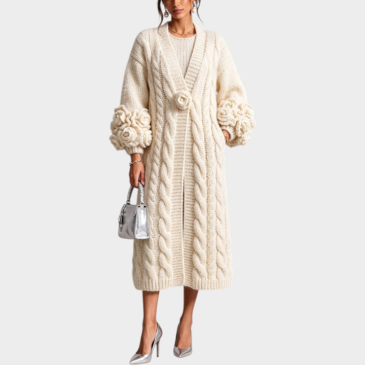 Women’s Long Cardigan Cable Knit Floral Appliqué Open Front