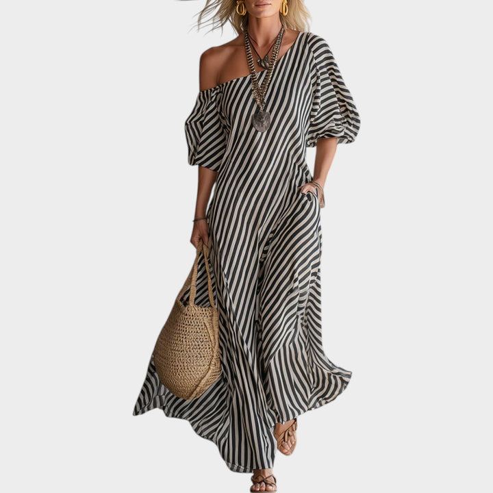 Off‑Shoulder Striped Maxi Dress