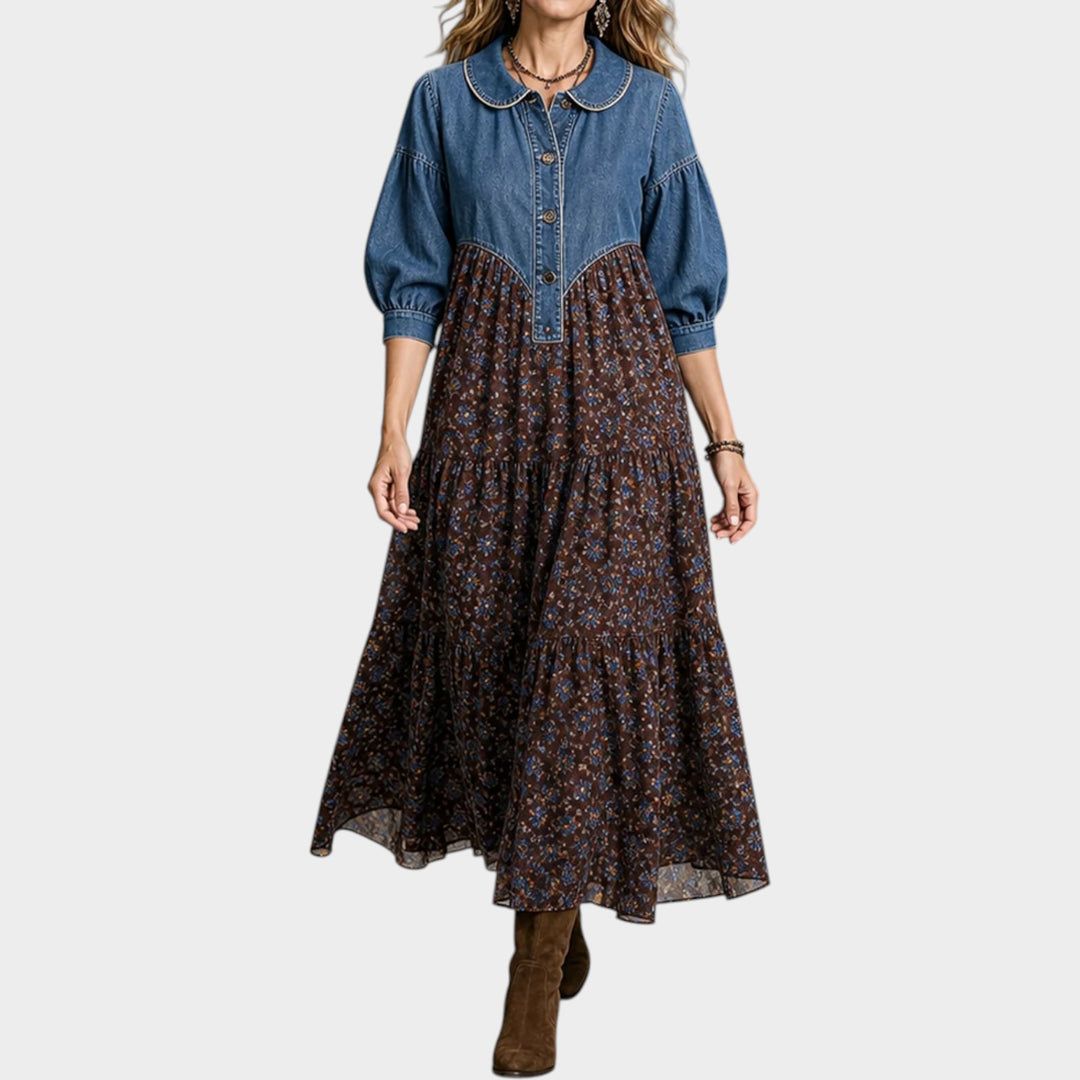 Women’s Maxi Dress Denim Floral Print Tiered Button Front