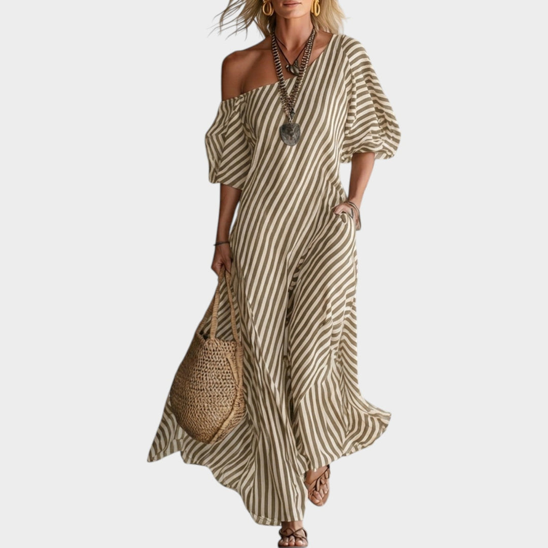 Off‑Shoulder Striped Maxi Dress