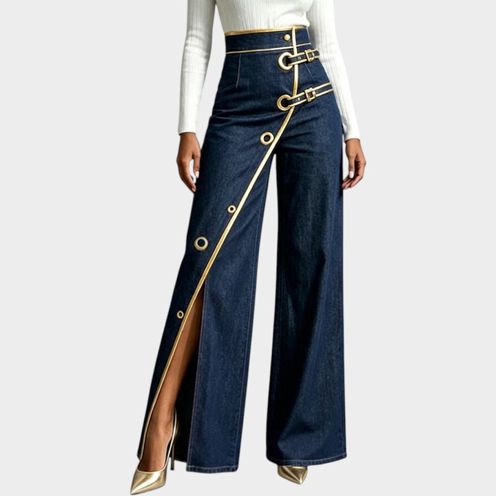 Women’s Wide Leg Jeans High Waist Buckle Detail Side Slit