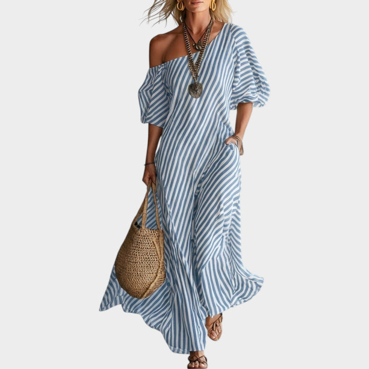 Off‑Shoulder Striped Maxi Dress
