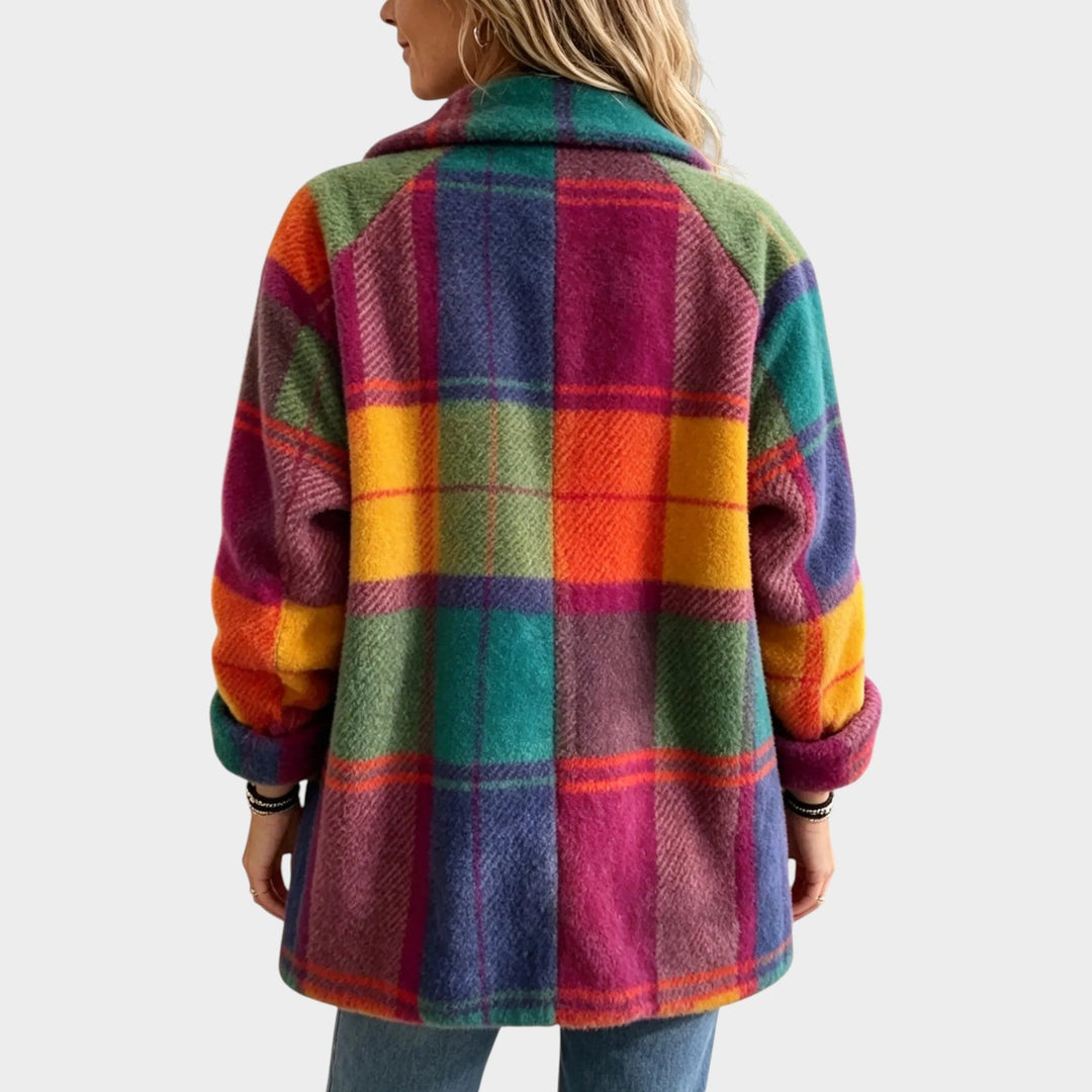 Women’s Plaid Coat Button Front Pockets Long Sleeve