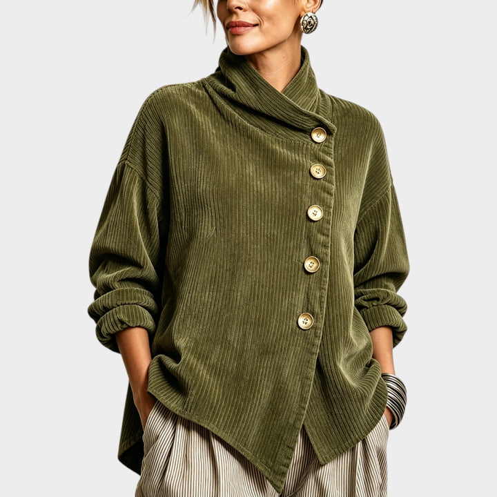 Women’s Corduroy Jacket Cowl Neck Button Front Asymmetric Hem