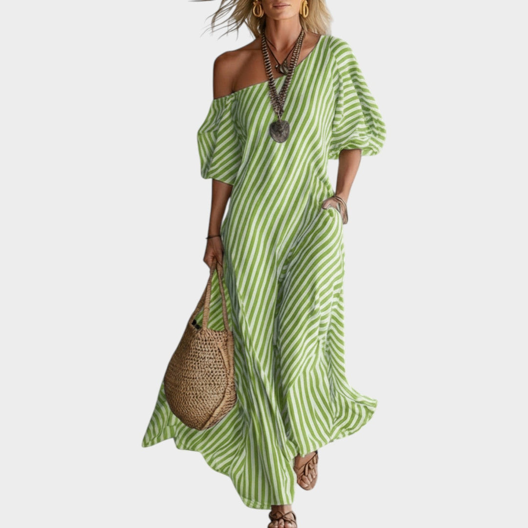 Off‑Shoulder Striped Maxi Dress
