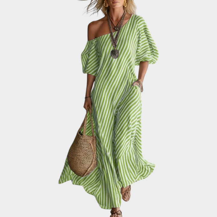 Off‑Shoulder Striped Maxi Dress