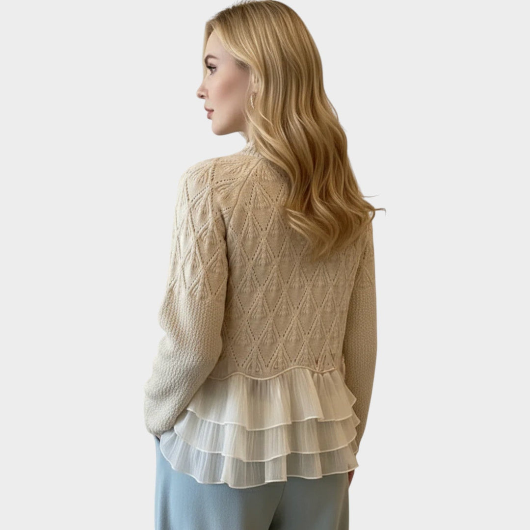 Women's Cable Knit Sweater Ruffle Trim Textured