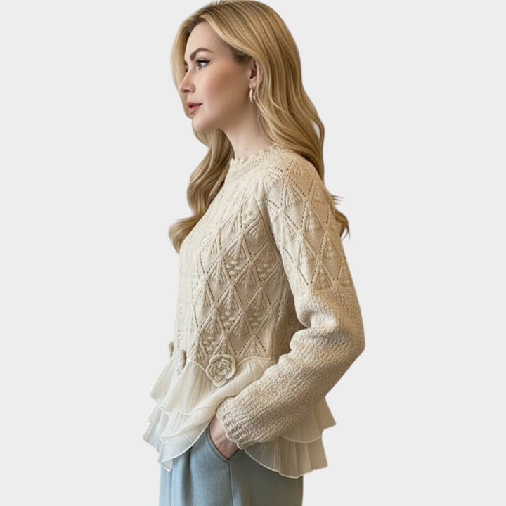 Women's Cable Knit Sweater Ruffle Trim Textured