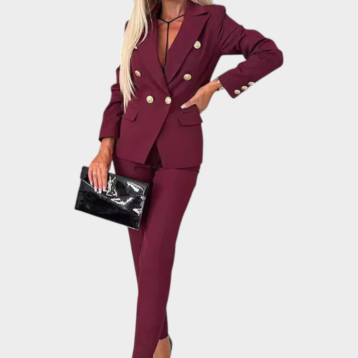 Women’s Two Piece Suit Double Breasted Blazer Slim Fit Trousers