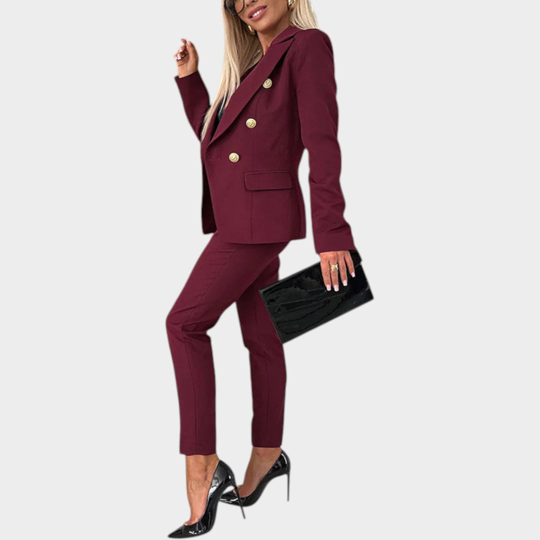 Women’s Two Piece Suit Double Breasted Blazer Slim Fit Trousers