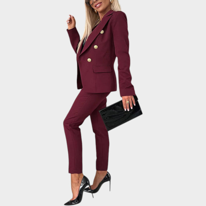 Women’s Two Piece Suit Double Breasted Blazer Slim Fit Trousers