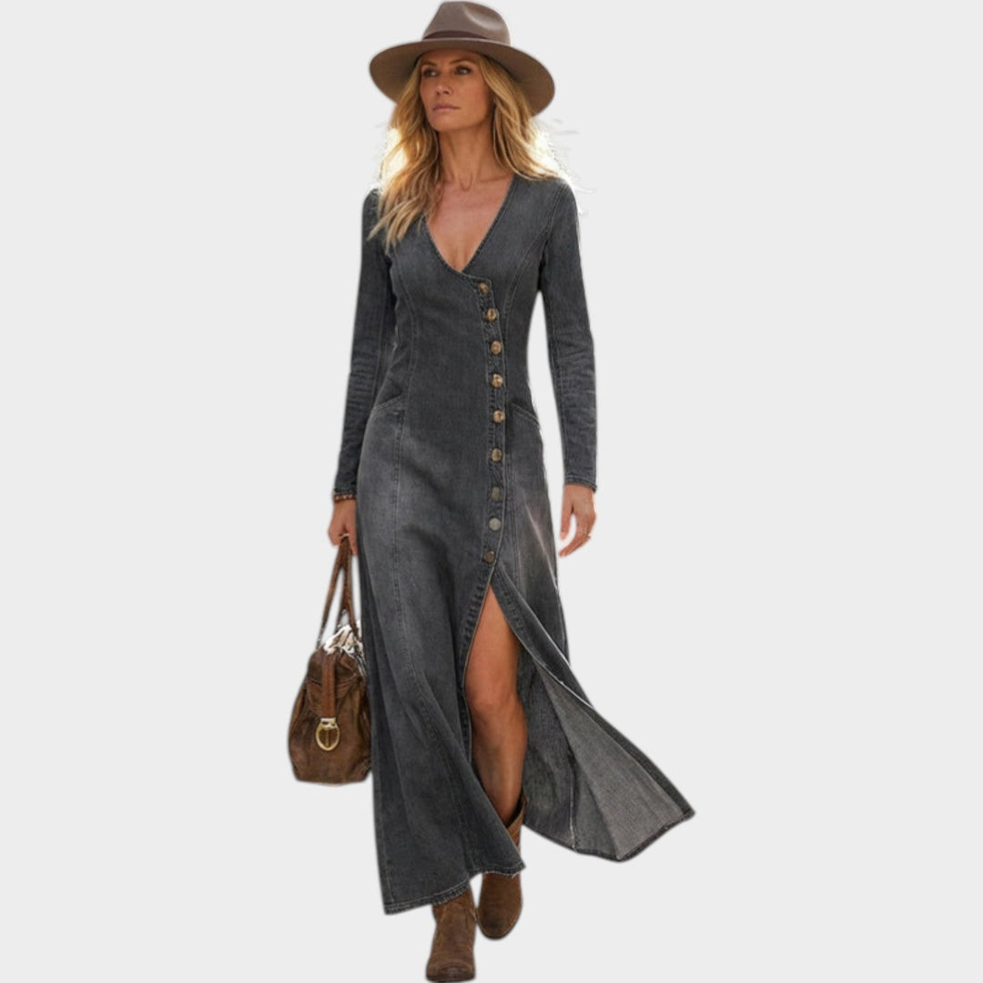 Classic Button-Down Denim Maxi Dress