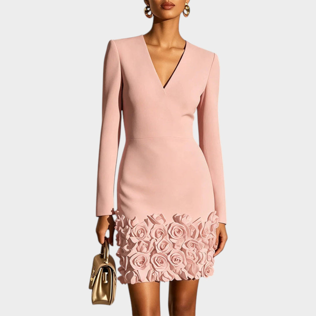 Women’s Mini Cocktail Dress V Neck Long Sleeve 3D Rose Appliqué