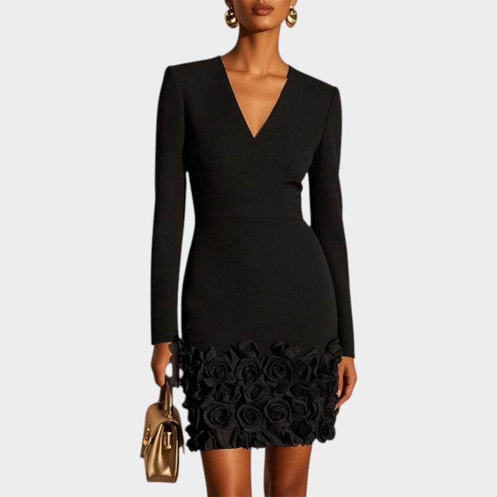 Women’s Mini Cocktail Dress V Neck Long Sleeve 3D Rose Appliqué