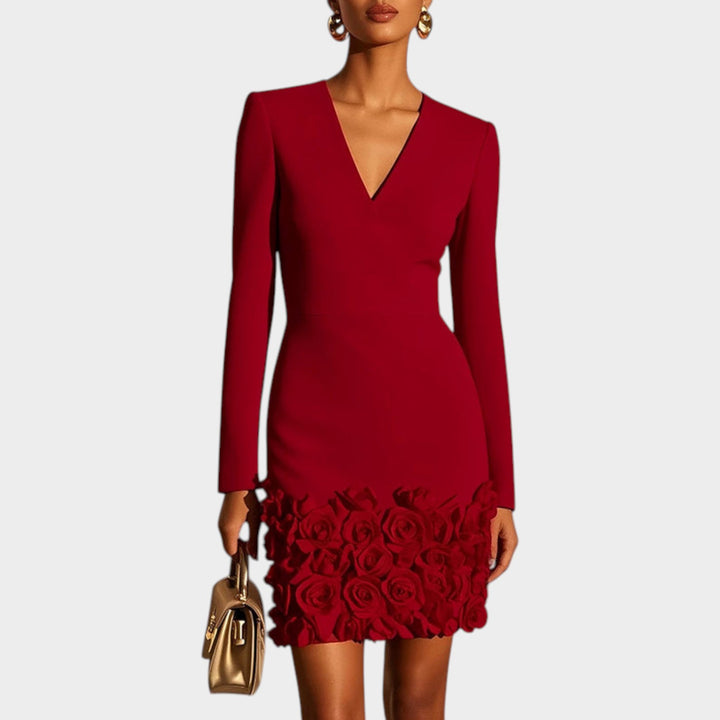 Women’s Mini Cocktail Dress V Neck Long Sleeve 3D Rose Appliqué