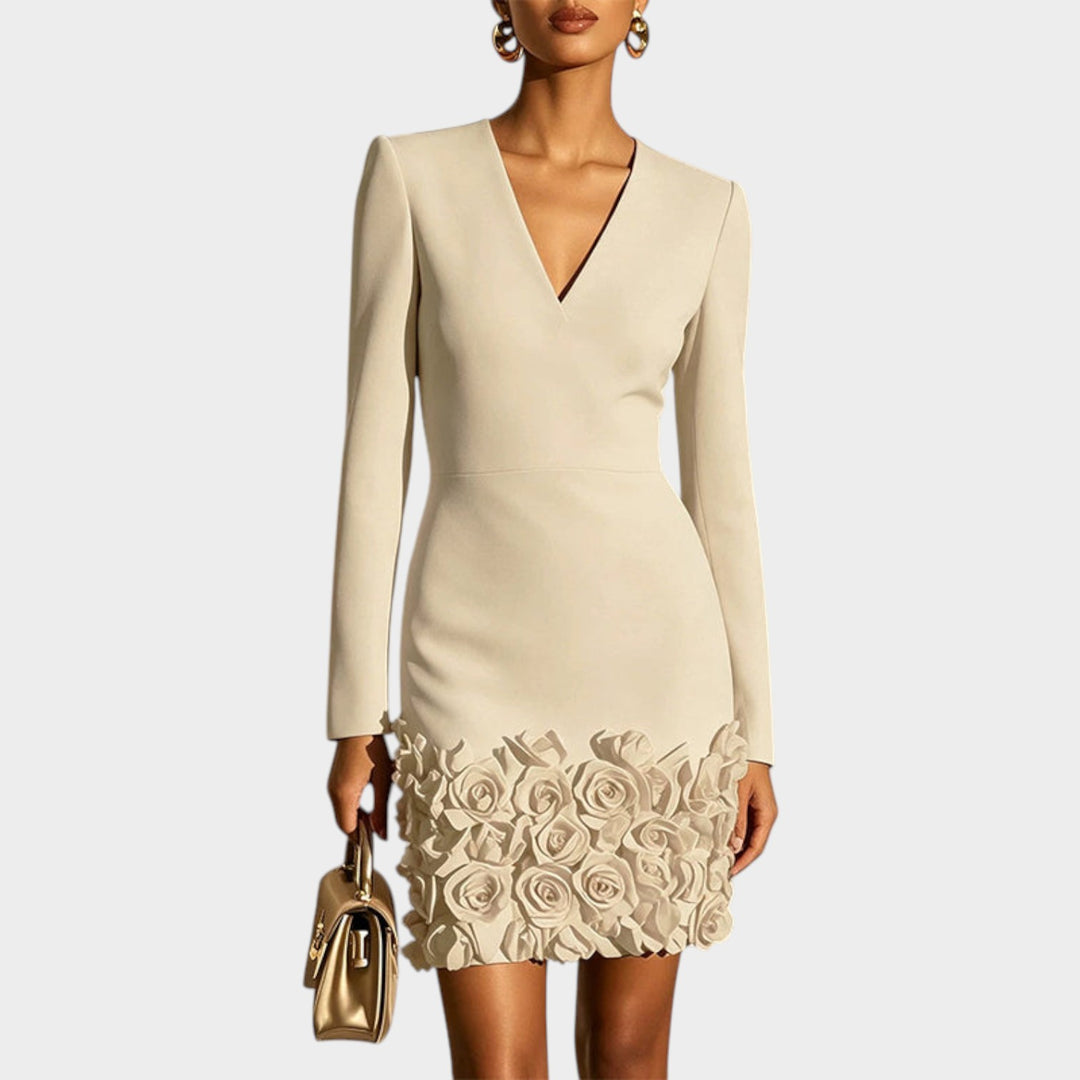 Women’s Mini Cocktail Dress V Neck Long Sleeve 3D Rose Appliqué
