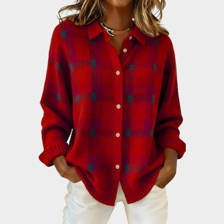 Women's Polo Knit Cardigan Plaid Button Front