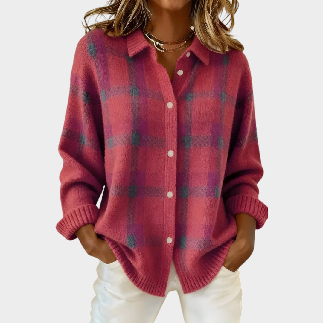 Women's Polo Knit Cardigan Plaid Button Front