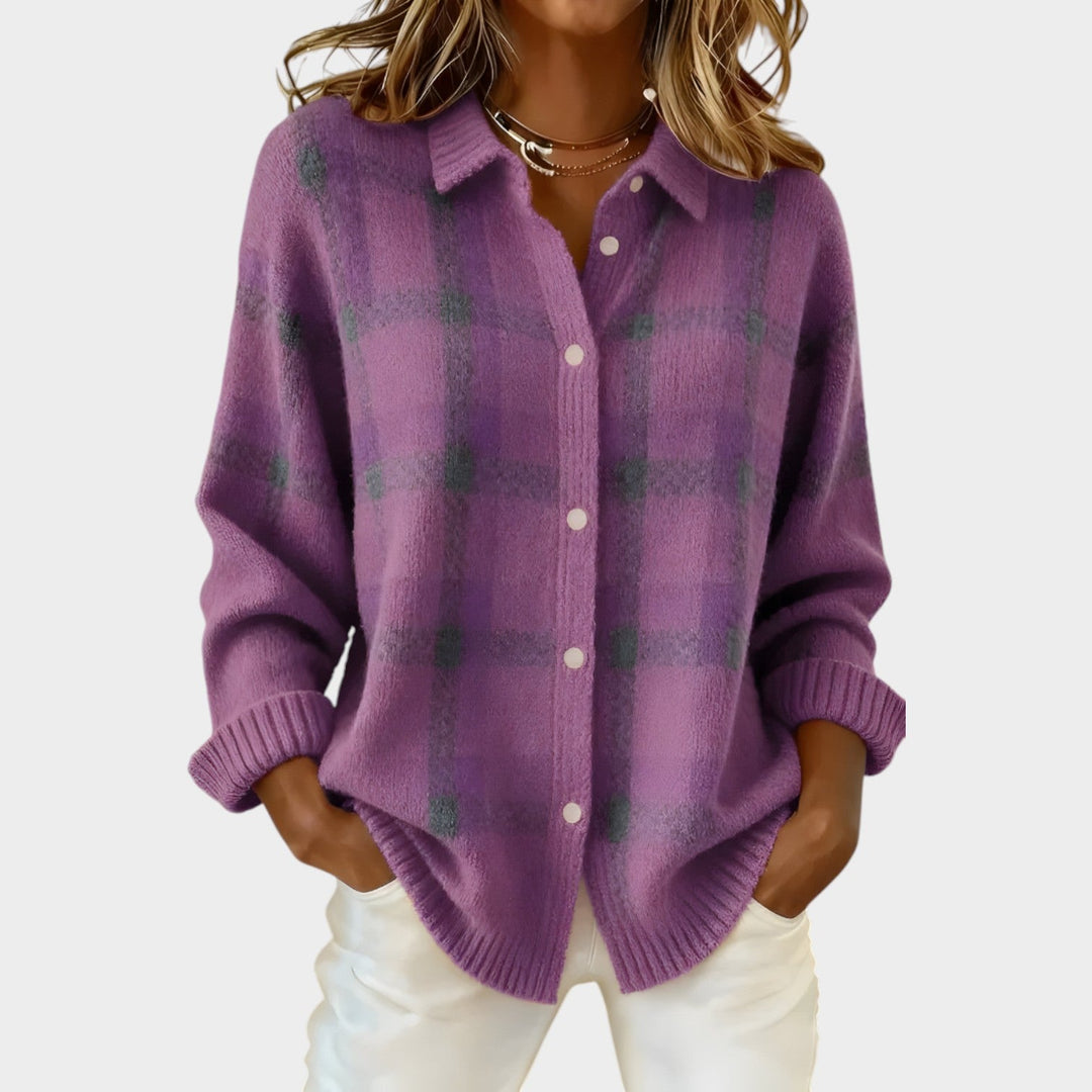 Women's Polo Knit Cardigan Plaid Button Front