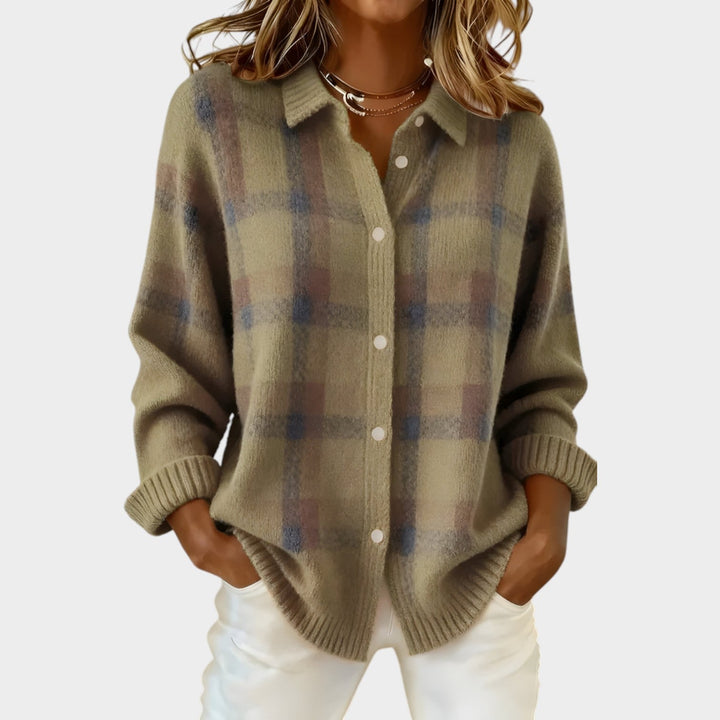 Women's Polo Knit Cardigan Plaid Button Front
