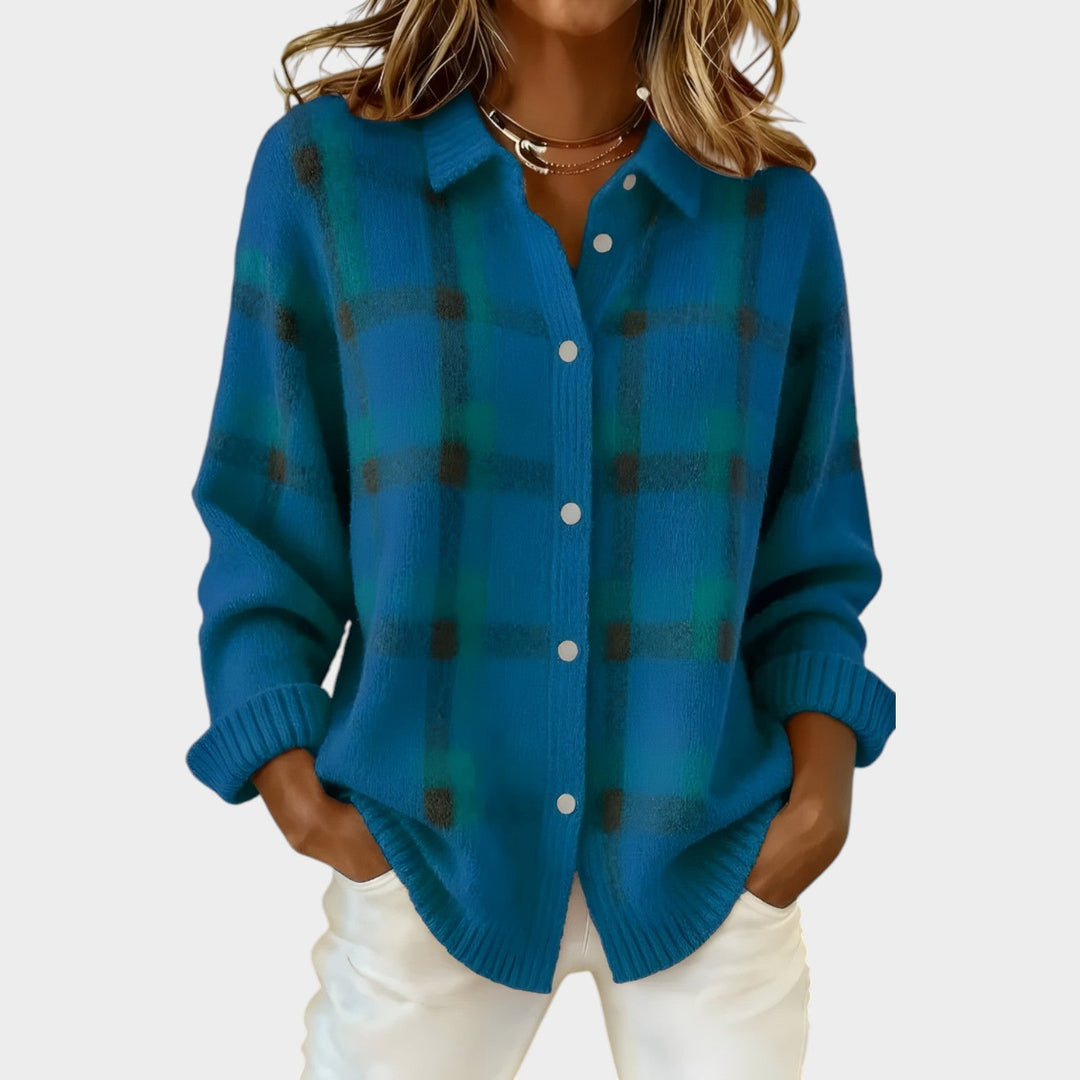 Women's Polo Knit Cardigan Plaid Button Front