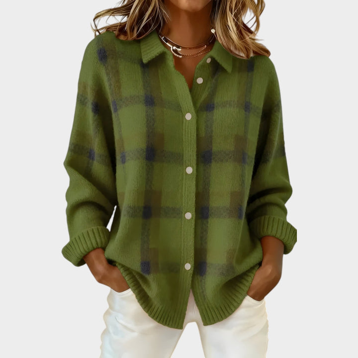 Women's Polo Knit Cardigan Plaid Button Front