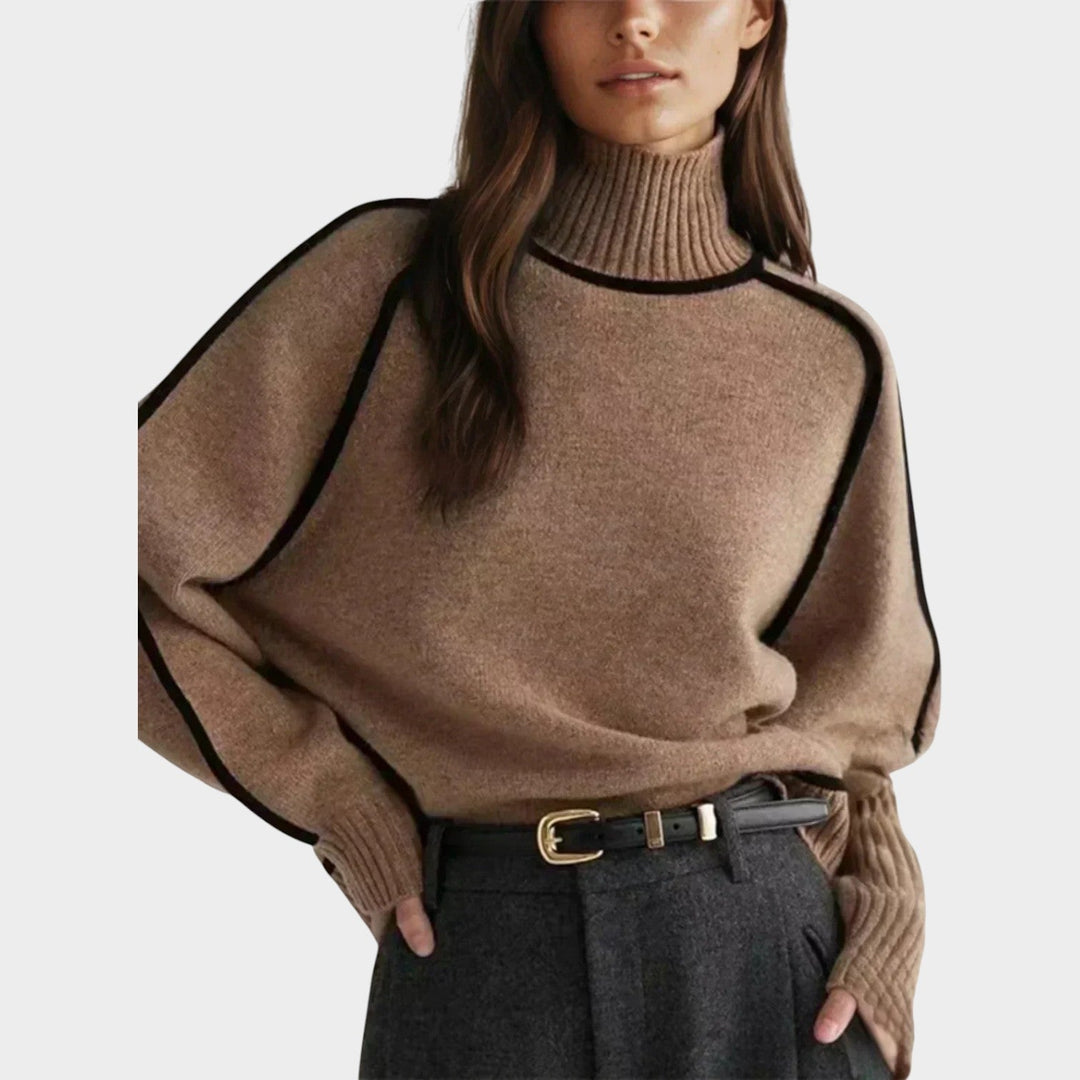 Turtleneck Knit Sweater With Contrast Piping