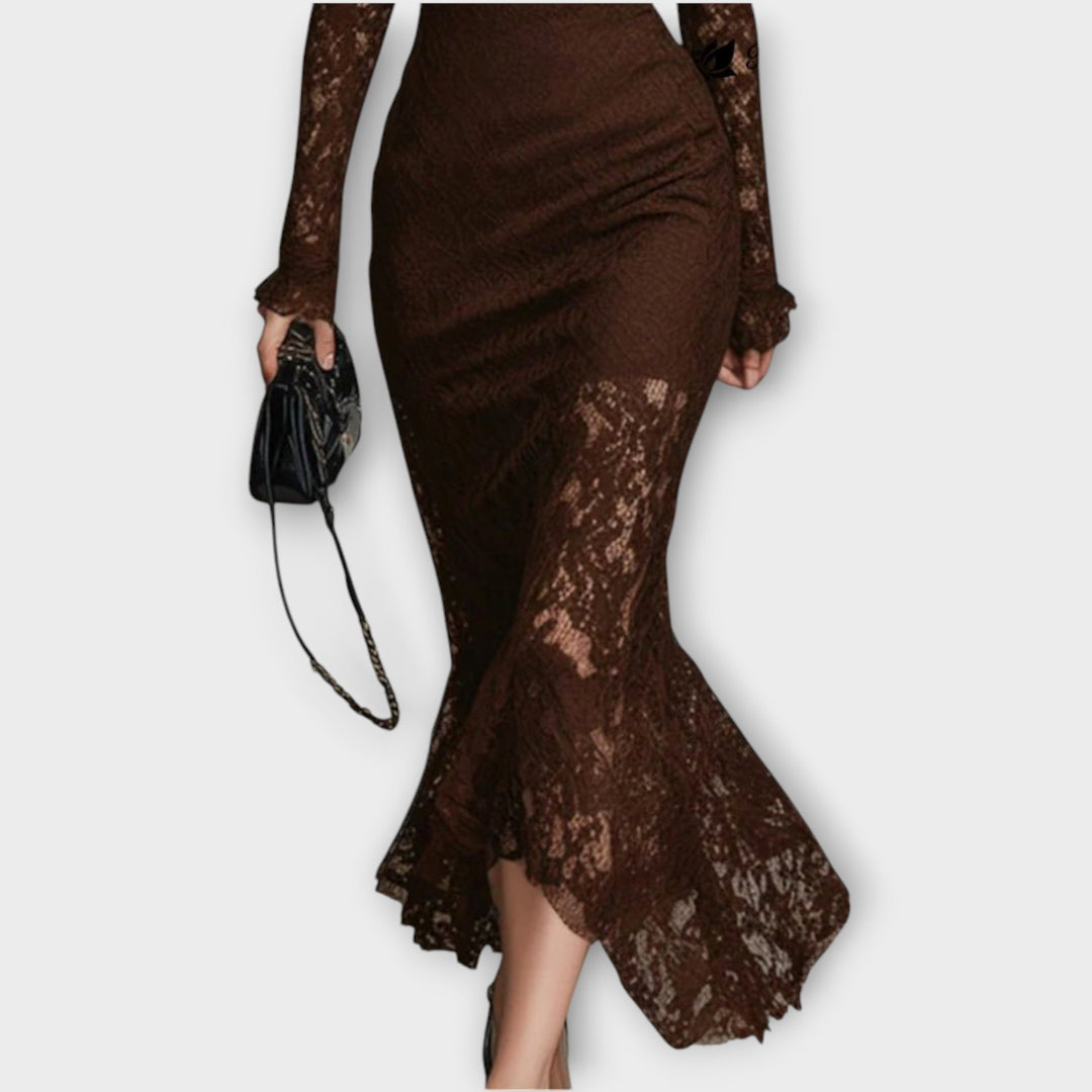 Elegant Lace High-Neck Midi Dress