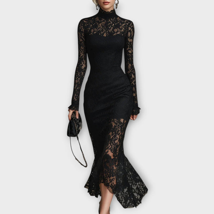 Elegant Lace High-Neck Midi Dress