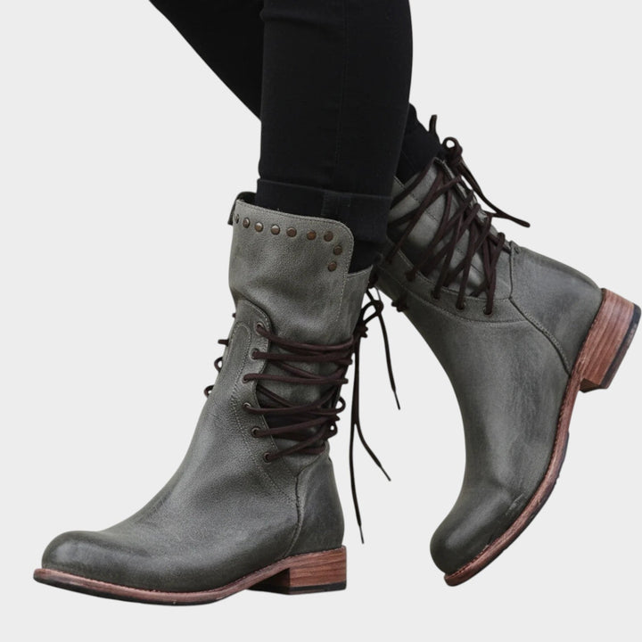 Leather Lace Up Low Heel Ankle Boots