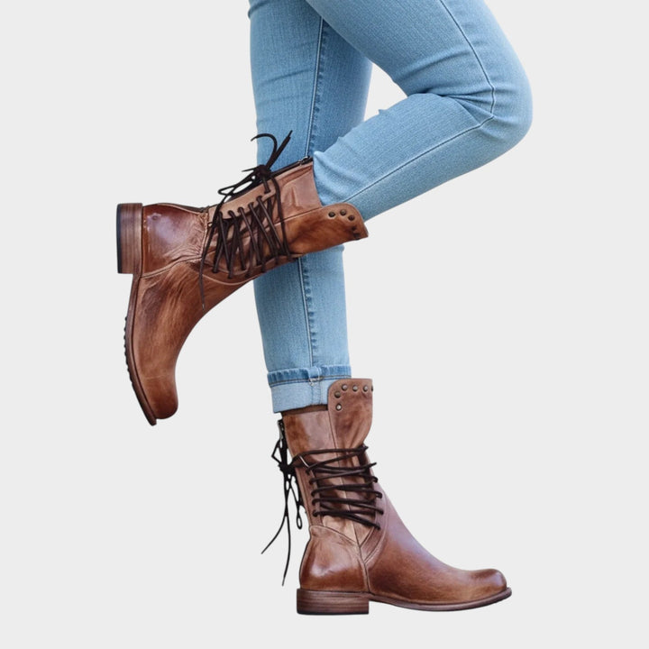 Leather Lace Up Low Heel Ankle Boots