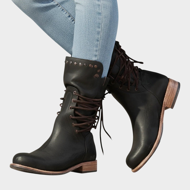 Leather Lace Up Low Heel Ankle Boots
