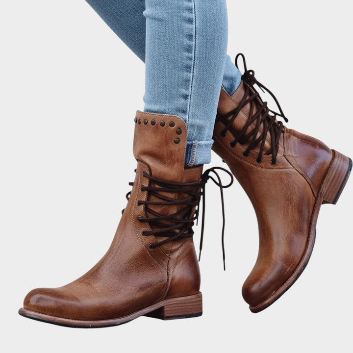 Leather Lace Up Low Heel Ankle Boots